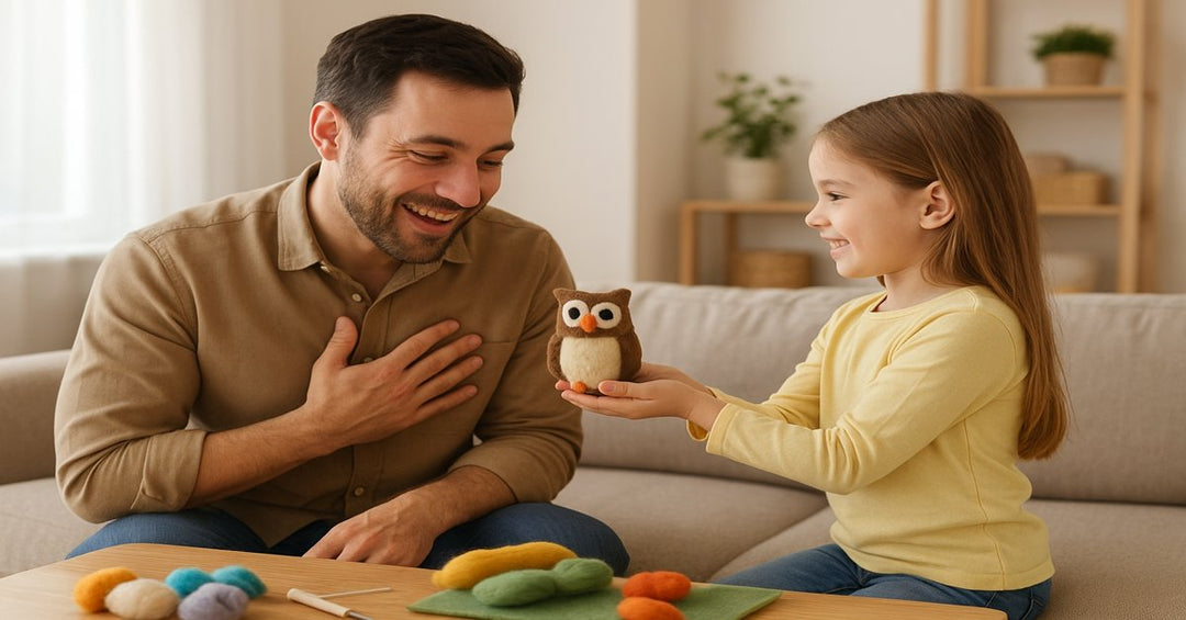 Daughter giving her father a handmade felted wool owl as a Father’s Day gift in a cozy living room.