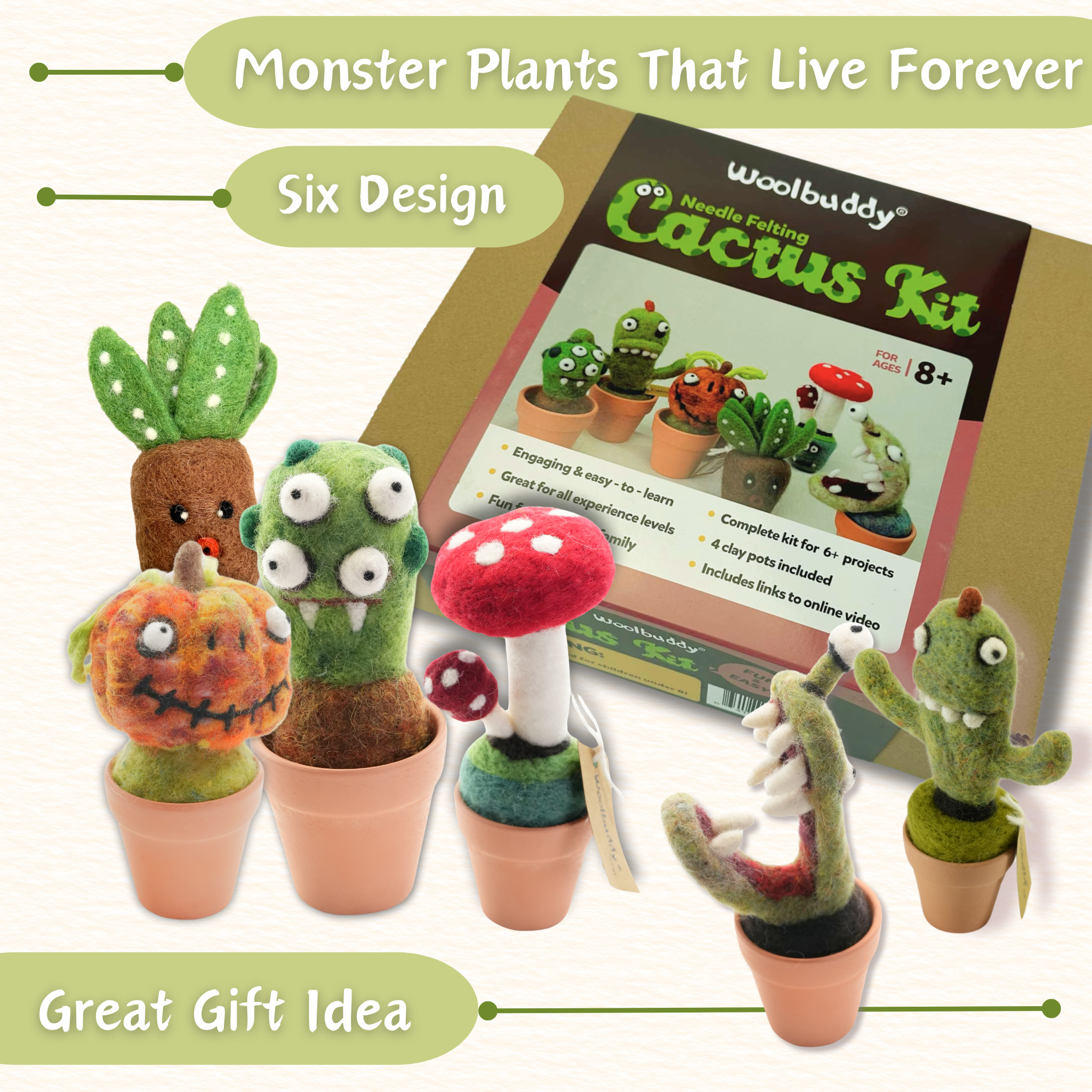 felt succulent kit Woolbuddy Green Cactus Monster Wool Felting Needle Point Kit Crafting Gift