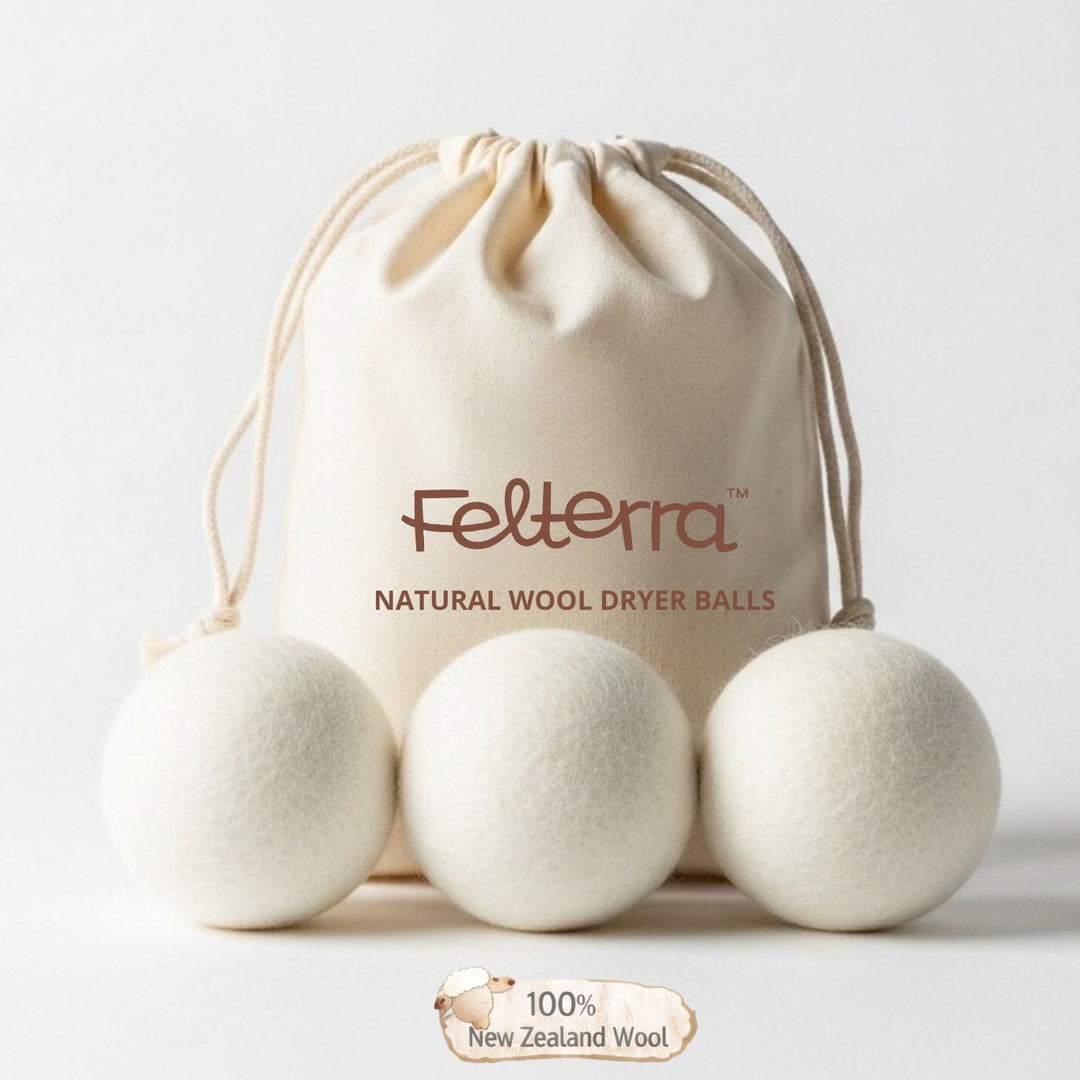 Felterra Eco-Friendly Wool Dryer Balls – 3 Pack, Plain White, Reusable with Cloth String Bag