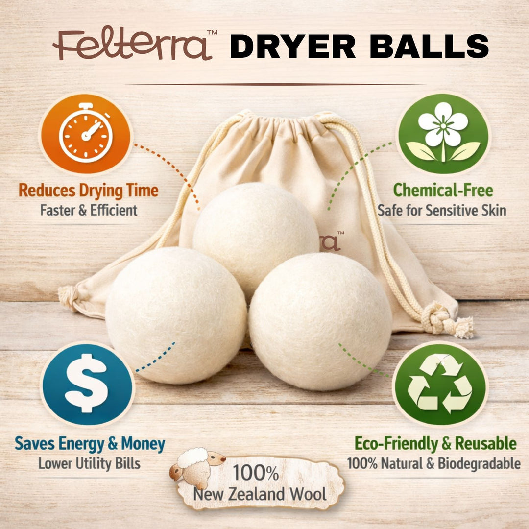 Felterra Eco-Friendly Wool Dryer Balls – 3 Pack, Plain White, Reusable with Cloth String Bag