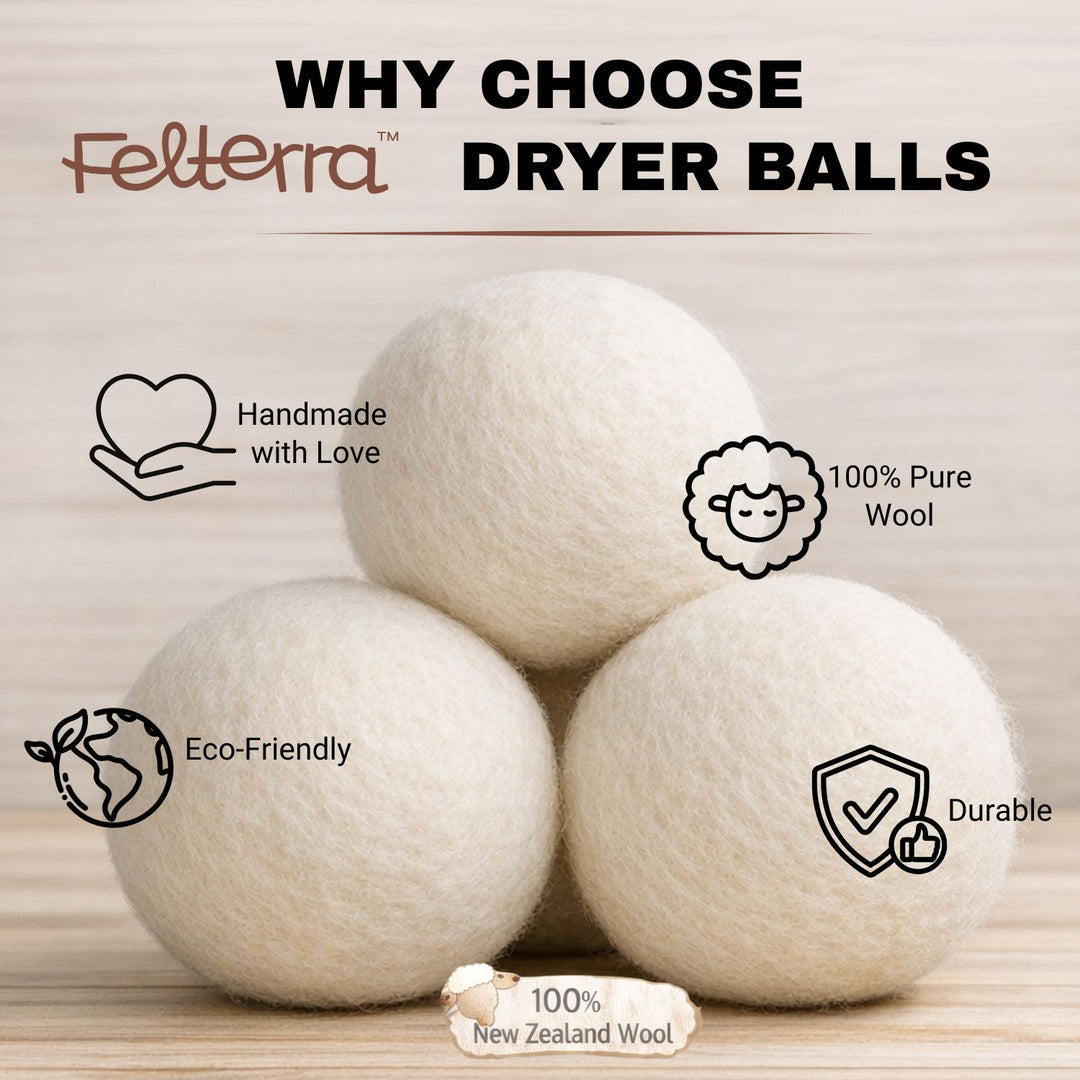 Felterra Eco-Friendly Wool Dryer Balls – 3 Pack, Plain White, Reusable with Cloth String Bag