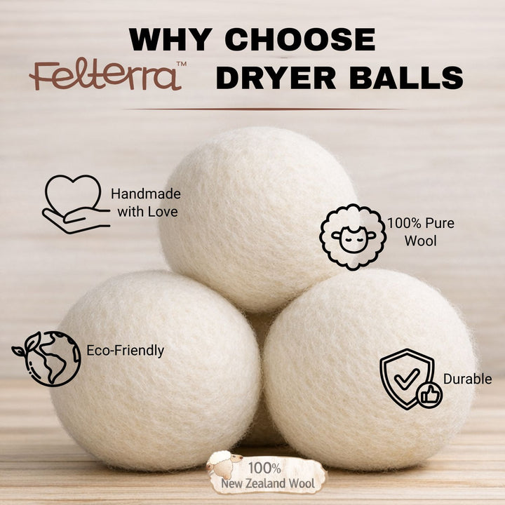 Felterra Eco-Friendly Wool Dryer Balls – 3 Pack, Plain White, Reusable with Cloth String Bag