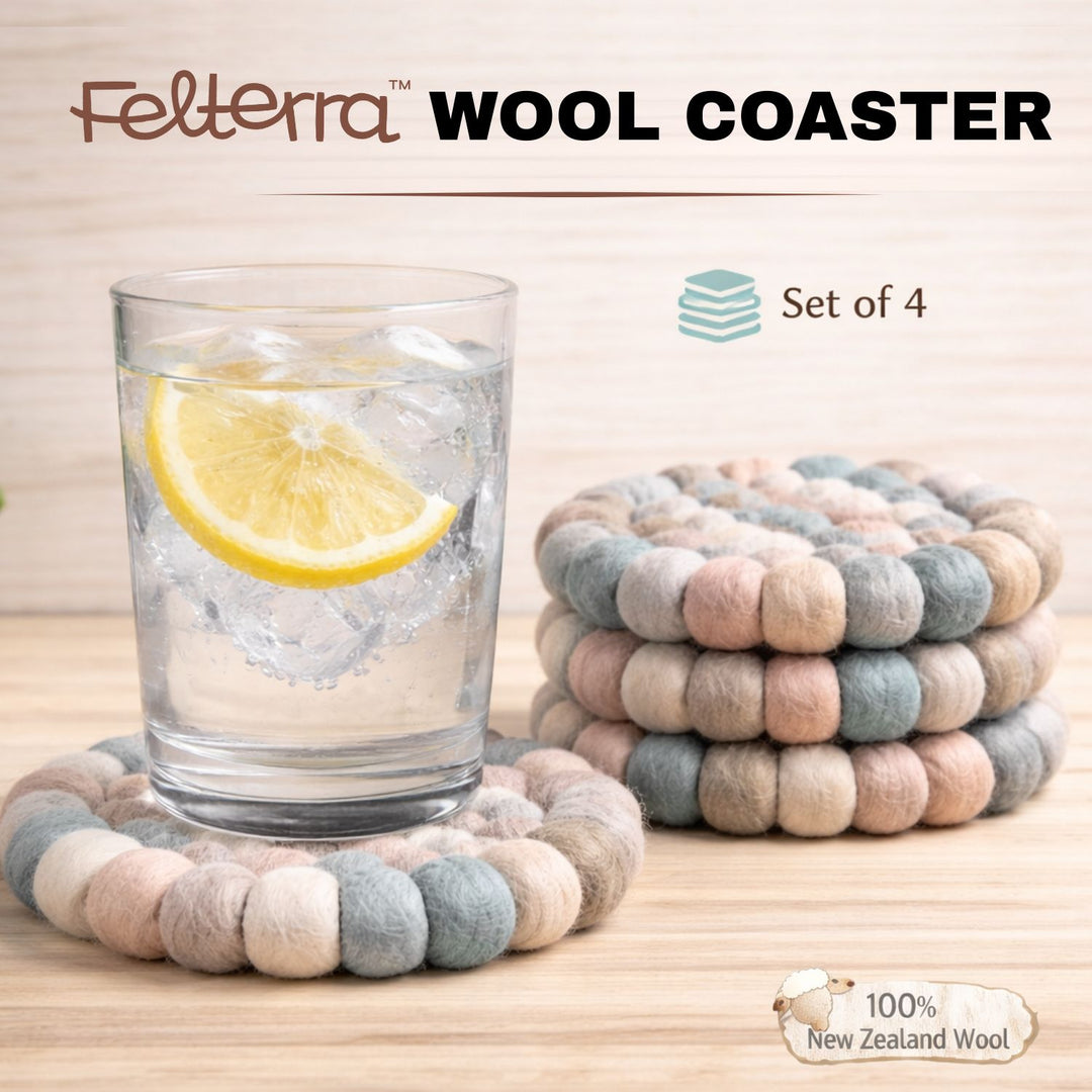 Felterra Handmade Wool Ball Coasters – 4 Pack with Cloth String Bag