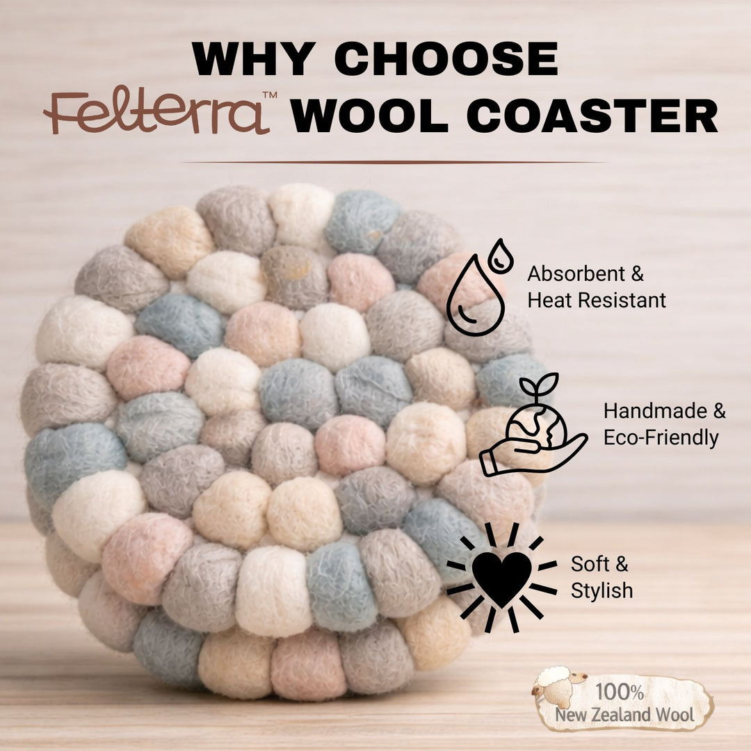 Felterra Handmade Wool Ball Coasters – 4 Pack with Cloth String Bag