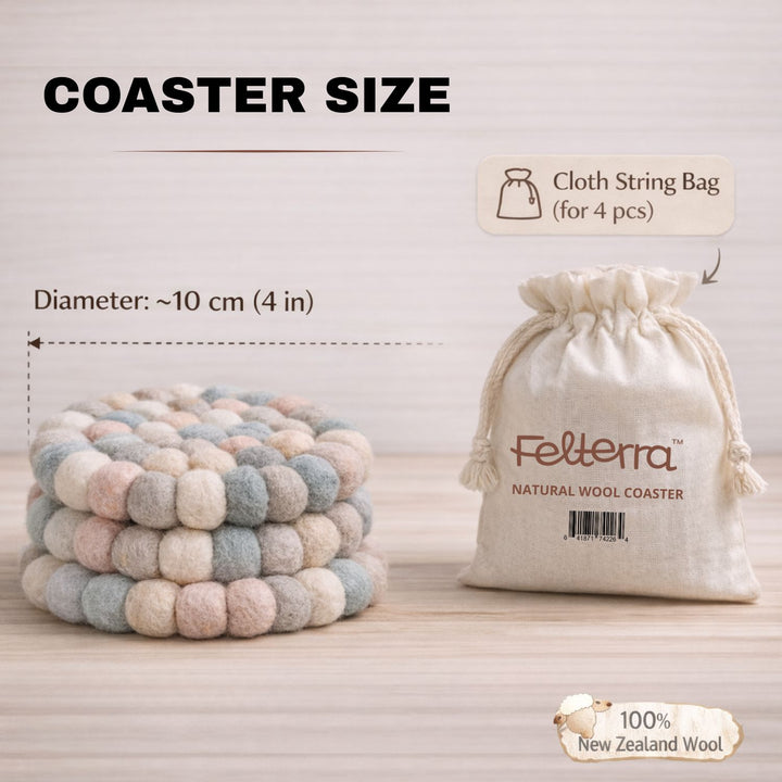 Felterra Handmade Wool Ball Coasters – 4 Pack with Cloth String Bag