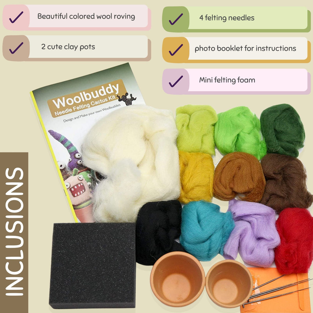 Cactus Needle felting Kit Inclusions: felting foam, white wool, colored wool roving, instruction booklet, 2 clay pots and felting needles