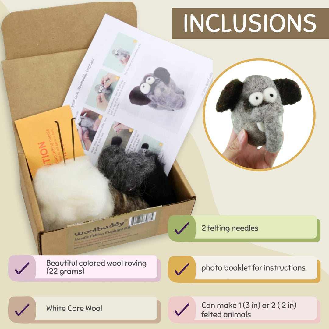 Needle felting elephant kit inclusions. Contains all the materials needed to felt your own elephant