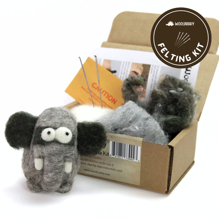needle felting elephant kit with wool, felting needles, and instructions