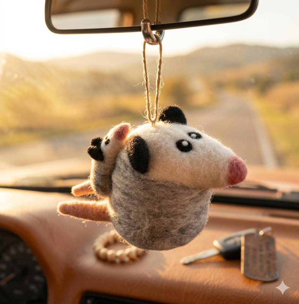 Felted possum keychain hanging from a car's rearview mirror with a scenic background.