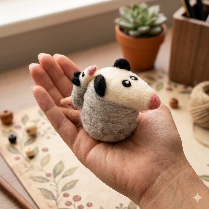 Handmade Wool Felt Opossum & Baby Charm – Backpack Clip, Car Hanging Decor, Desk Buddy Gift | Woolbuddy