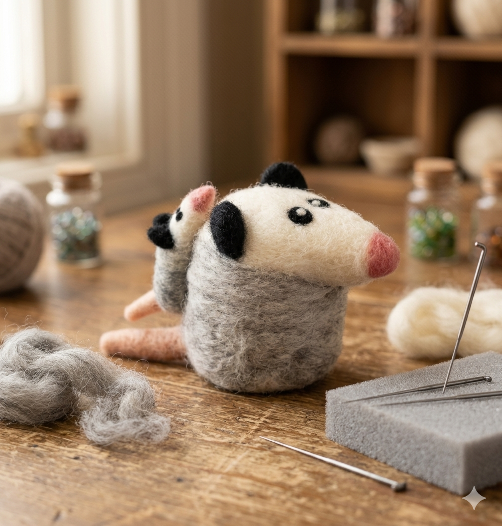 Handmade Wool Felt Opossum & Baby Charm – Backpack Clip, Car Hanging Decor, Desk Buddy Gift | Woolbuddy