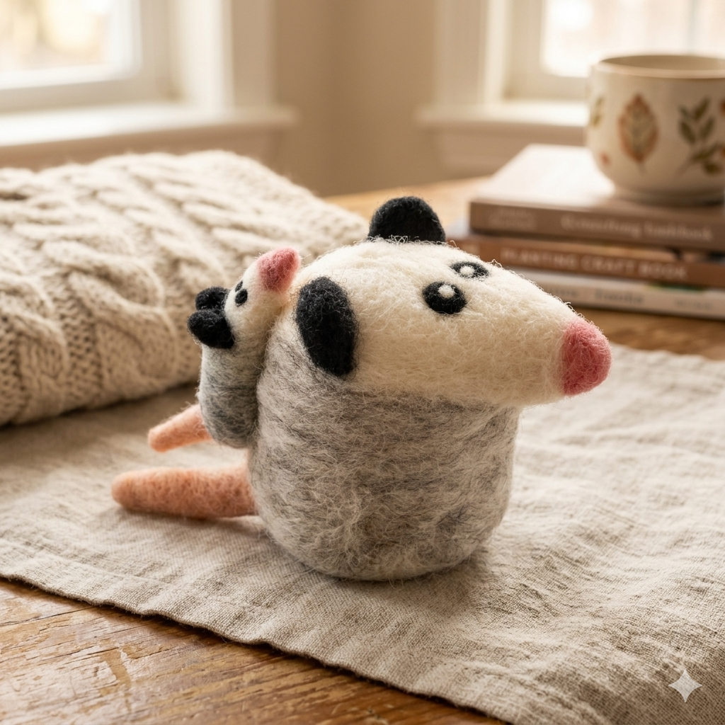 Handmade Wool Felt Opossum & Baby Charm – Backpack Clip, Car Hanging Decor, Desk Buddy Gift | Woolbuddy