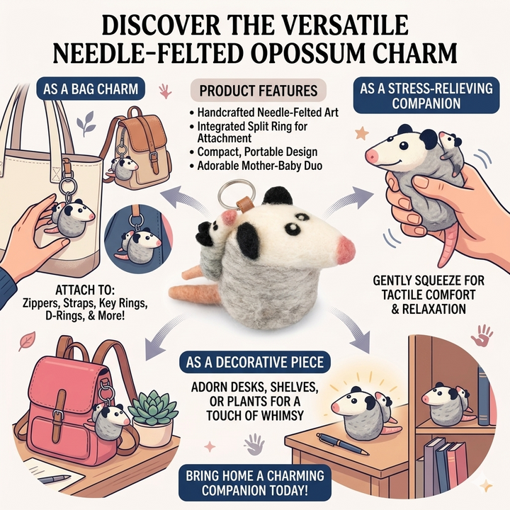 Handmade Wool Felt Opossum & Baby Charm – Backpack Clip, Car Hanging Decor, Desk Buddy Gift | Woolbuddy