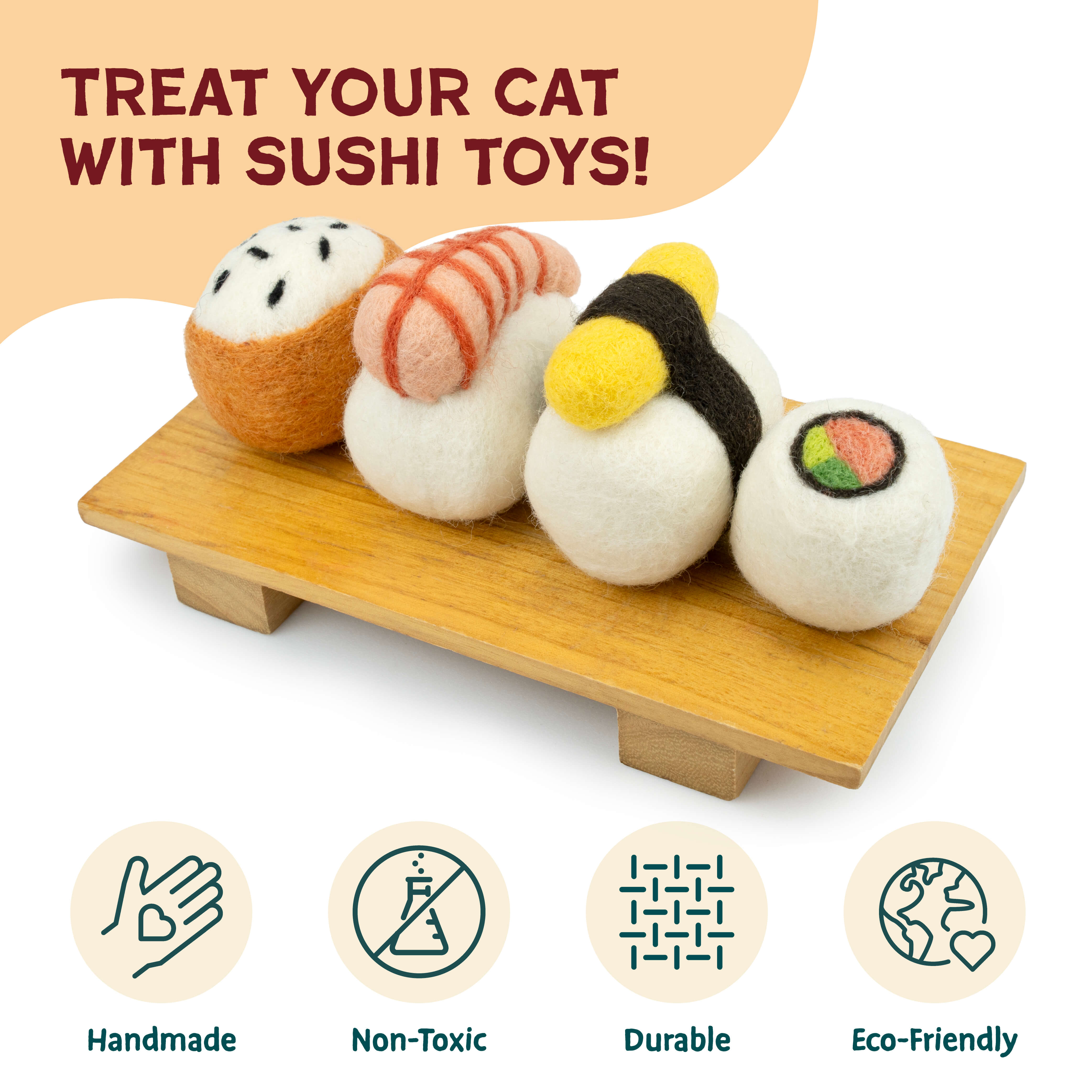 Wool Felt Cat Sushi Toy Set (4 pcs) Handmade | Woolbuddy