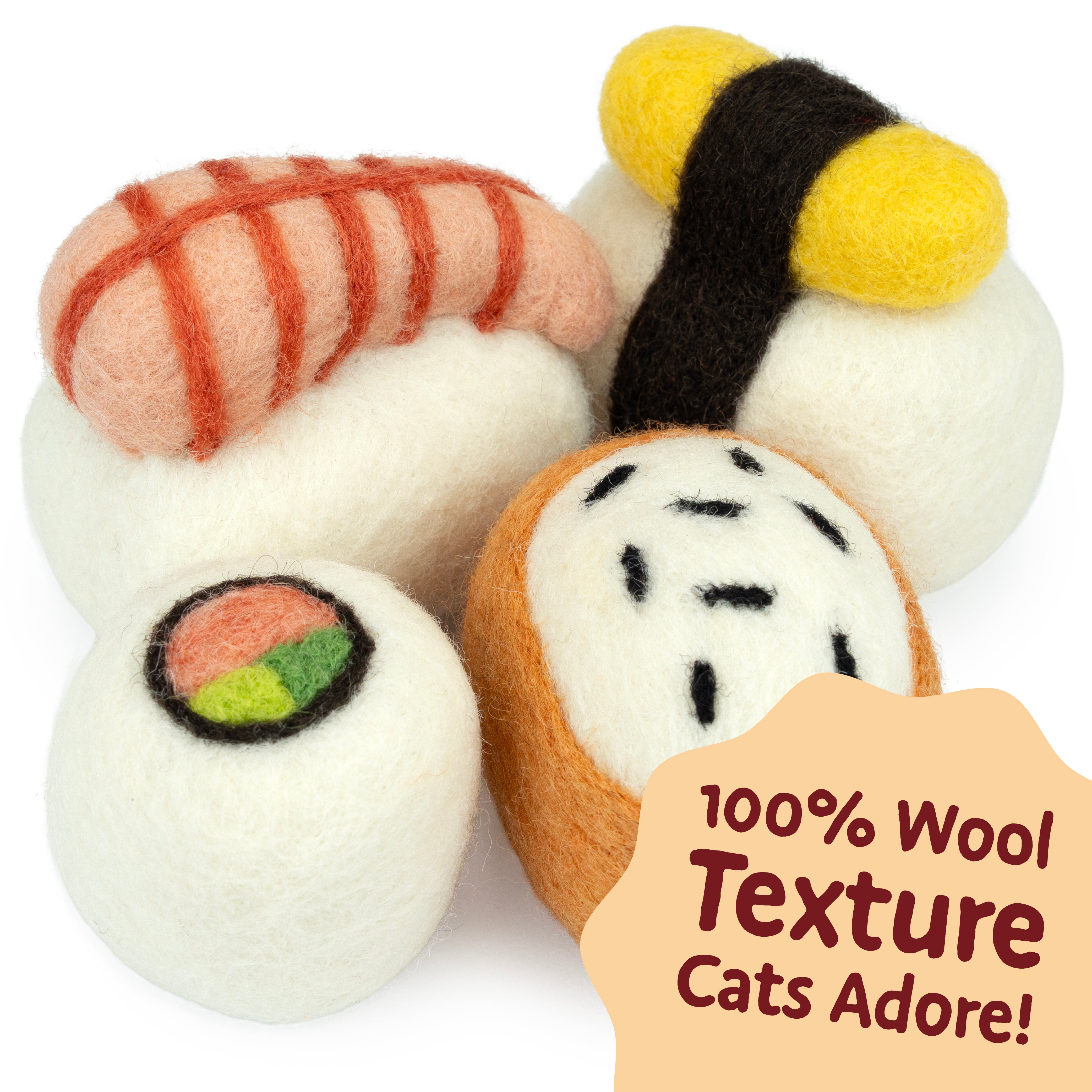 Wool Felt Cat Sushi Toy Set (4 pcs) Handmade | Woolbuddy