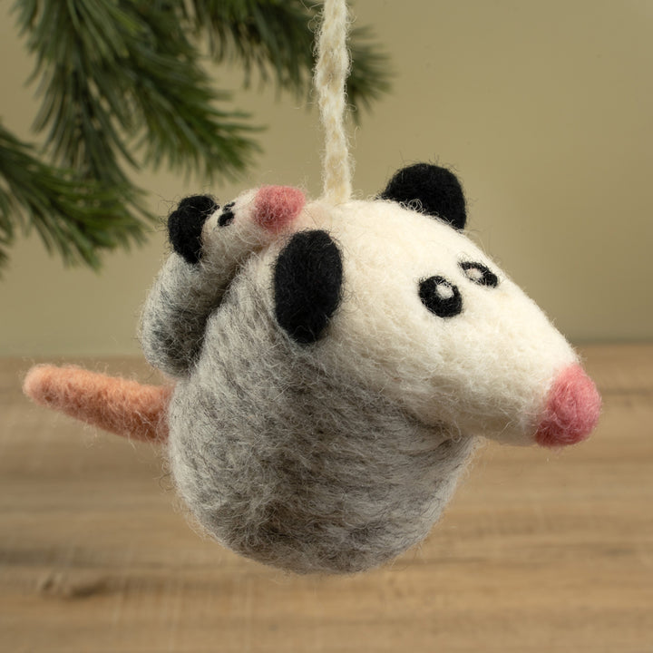Handmade Wool Felt Opossum & Baby Ornament – Cute Woodland Animal Christmas Tree Decor