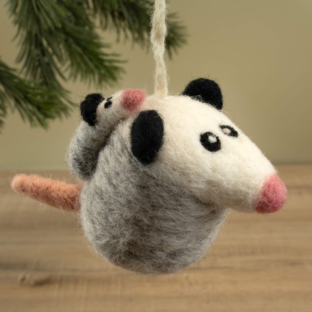 Handmade Wool Felt Opossum & Baby Ornament – Cute Woodland Animal Christmas Tree Decor