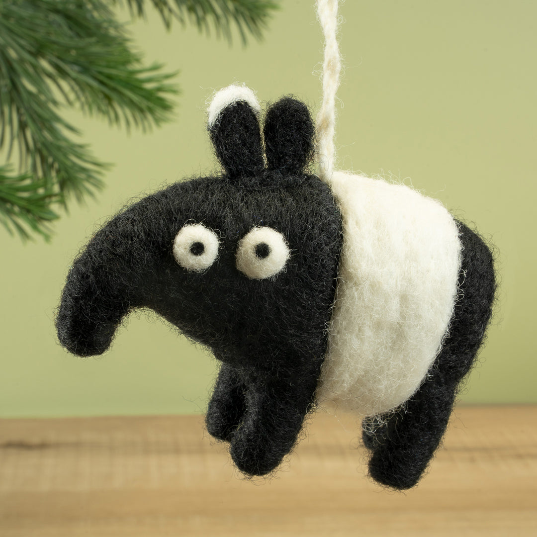 Handmade Wool Felt Tapir Ornament – Adorable Jungle Animal Christmas Tree Décor