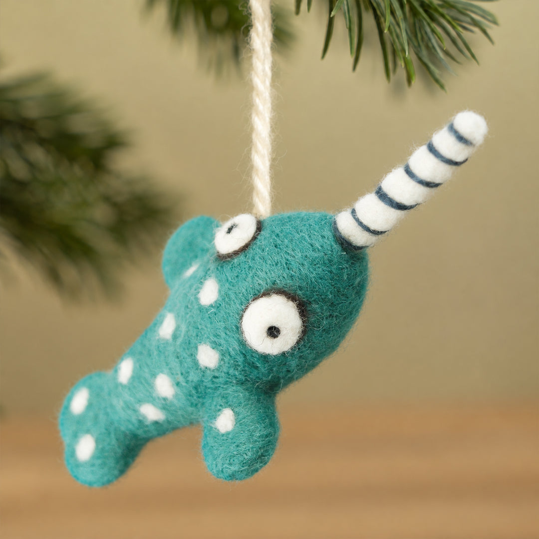 Handmade Felt Narwhal Ornament – Cute Ocean Animal Car Accessory Charm | Woolbuddy