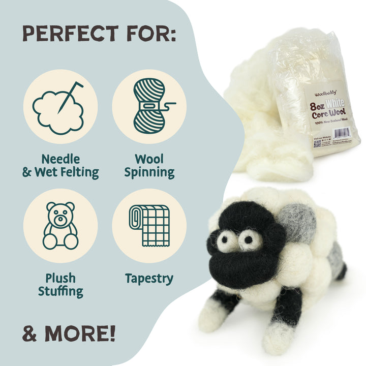 White Core Wool – Soft Natural Wool Roving for Needle Felting | Woolbuddy