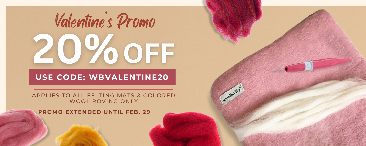 Woolbuddy Valentines Promo for Needle Felting mats and wool roving 
