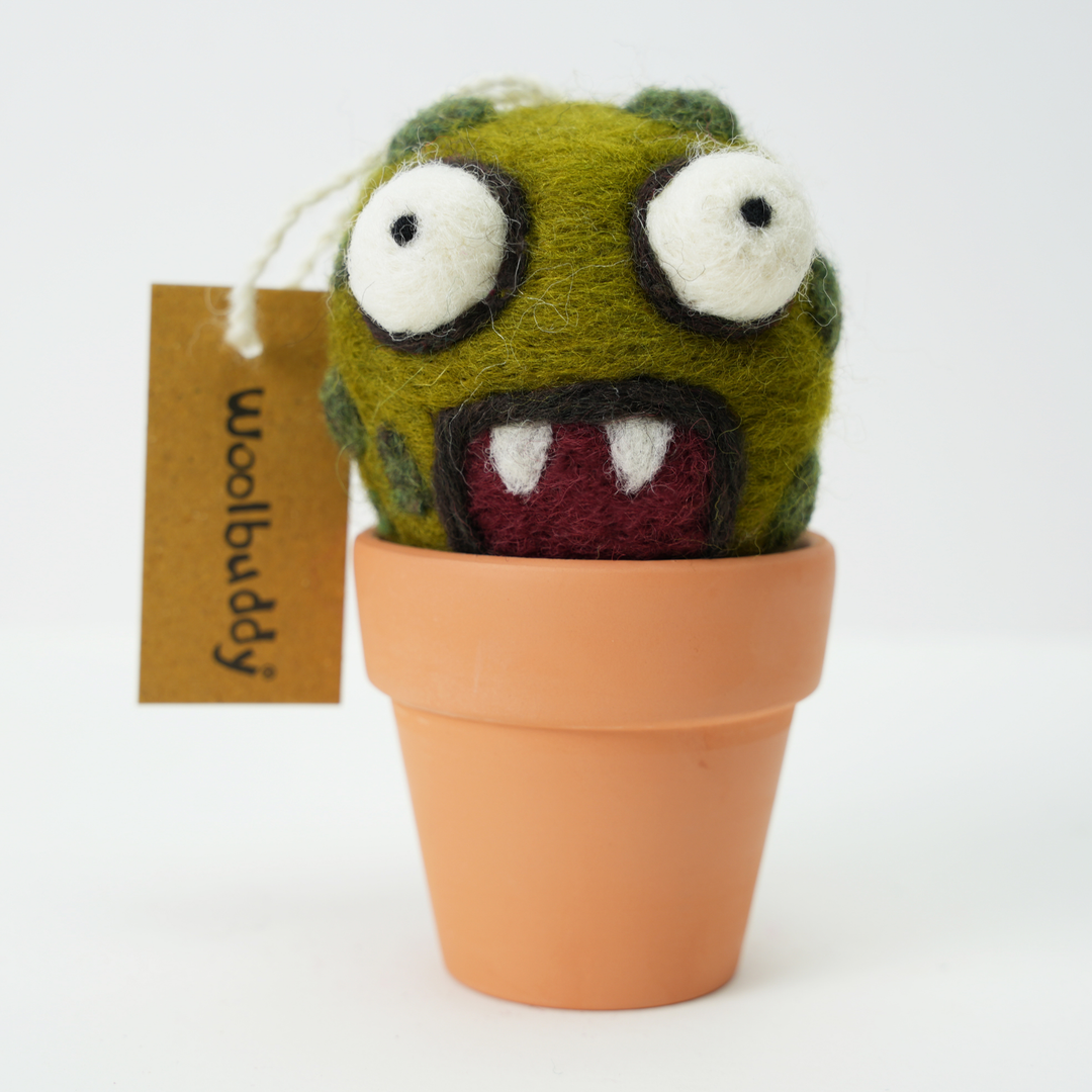 Barrel Monster Plant with Clay Pot – Handmade Wool Felt Home & Desk Decor | Woolbuddy