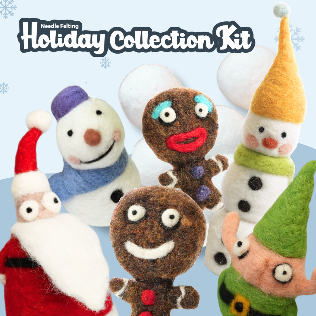 Woolbuddy Needle Felting Holiday Collection Kit  to handmade natural Christmas ornaments: Santa, Snowman, elf and gingerbread man
