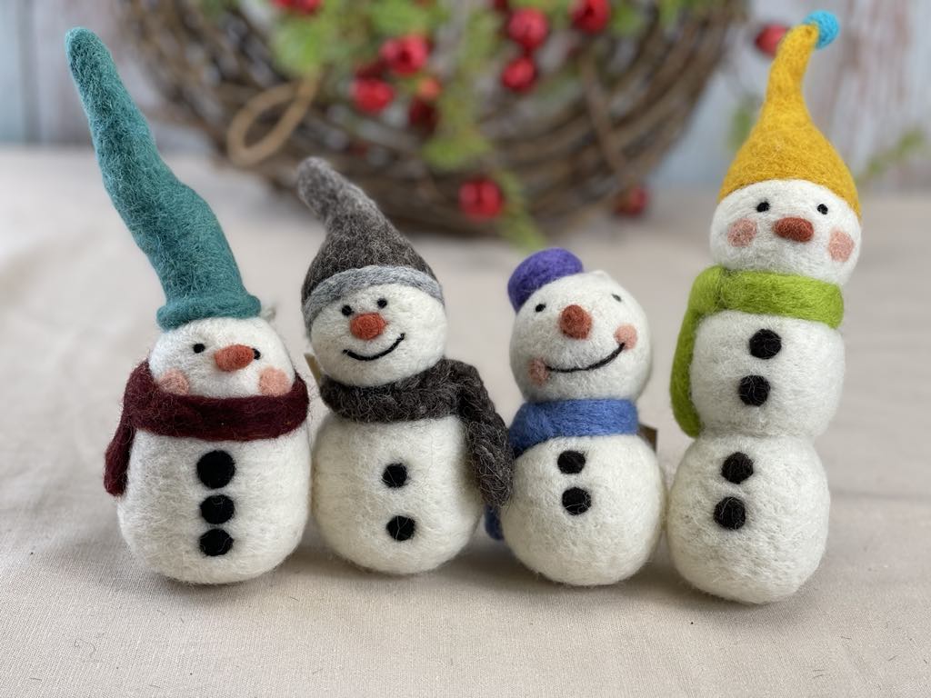 handcraft 100% natural wool felt holiday snowman in cute designs perfect as Christmas decor and gifts