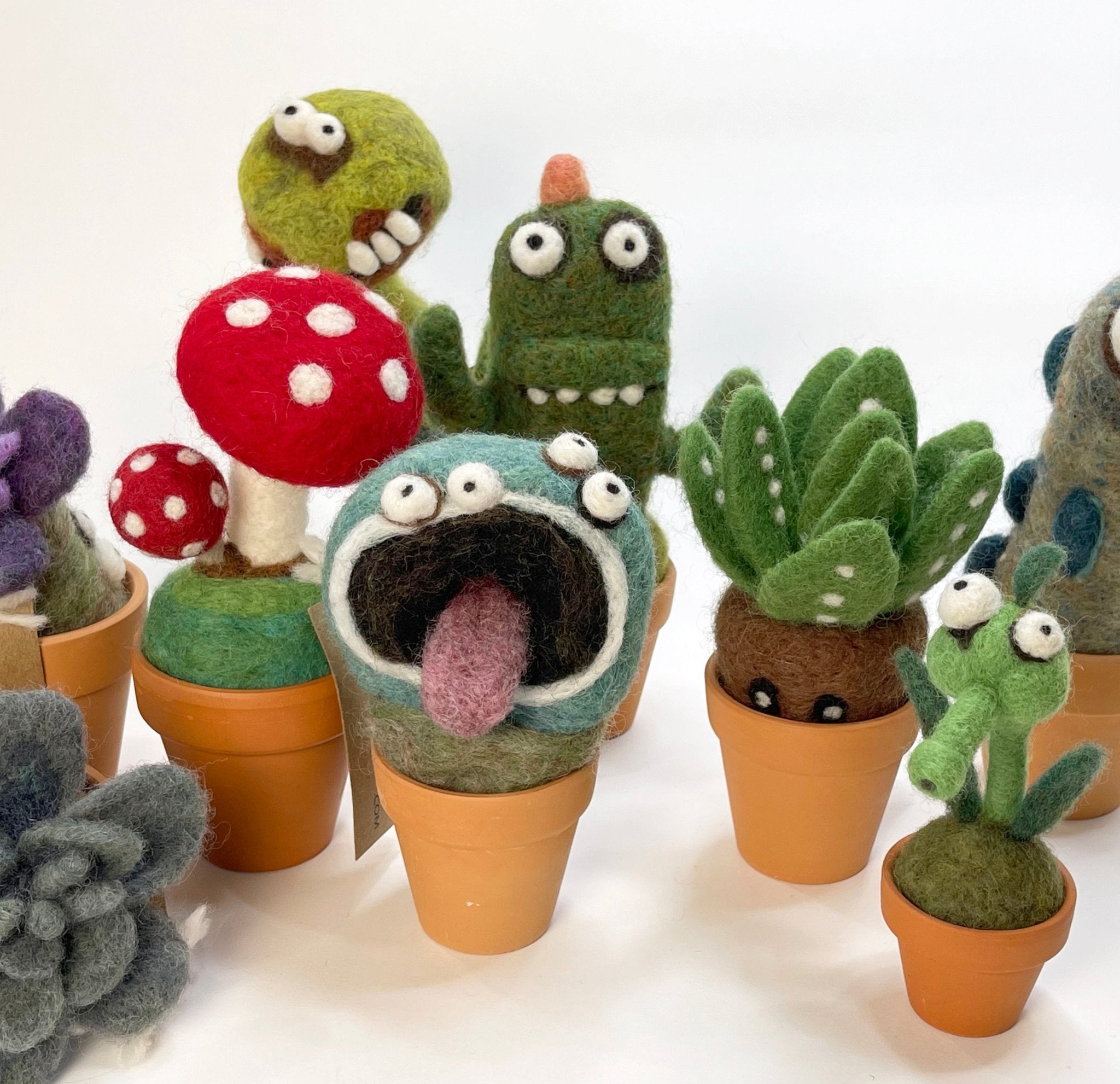 Mushroom Monster Plant with Clay Pot – Handmade Wool Felt Plant