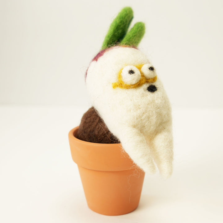 Radish Monster Plant with Clay Pot – Handmade Wool Felt Fantasy Creature Décor | Woolbuddy