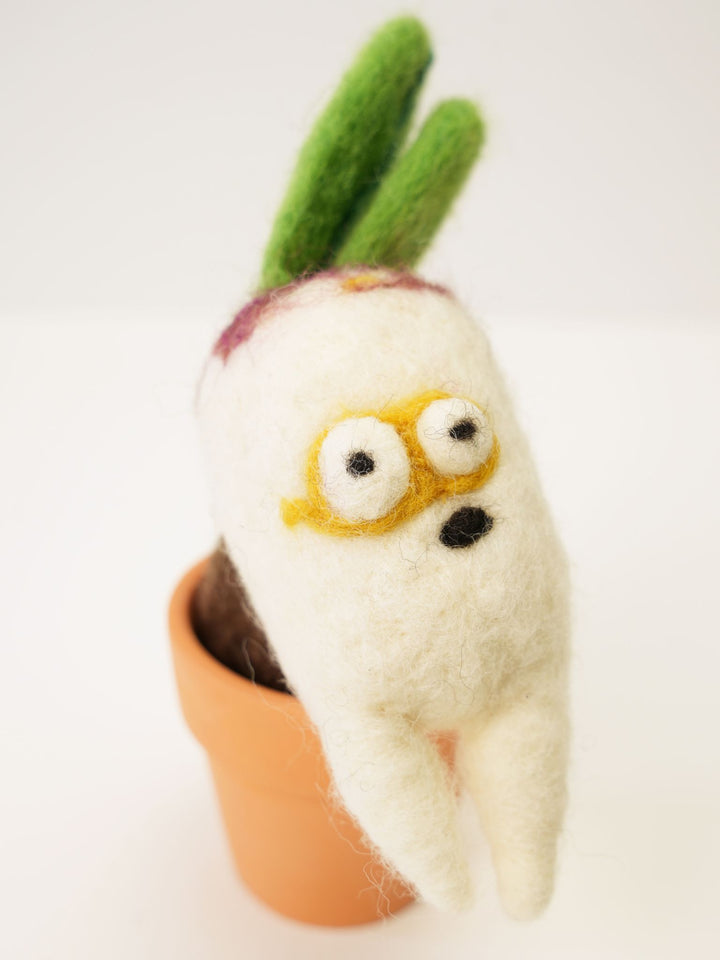 Radish Monster Plant with Clay Pot – Handmade Wool Felt Fantasy Creature Décor | Woolbuddy