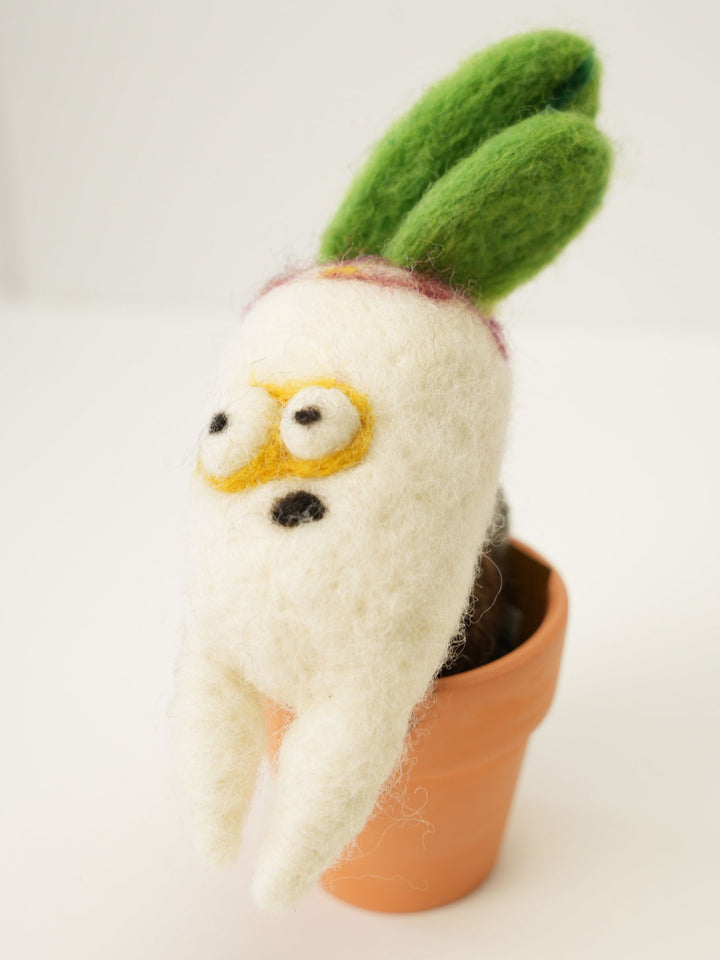 Radish Monster Plant with Clay Pot – Handmade Wool Felt Fantasy Creature Décor | Woolbuddy