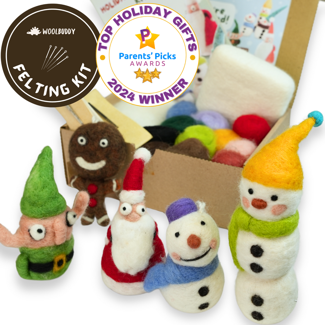 Woolbuddy Needle Felting Holiday Kit complete DIY set to create adorable felt elf, Santa, snowman, and gingerbread man